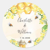 Bumble beien honey yellow florals bruiloft ronde sticker (Voorkant)