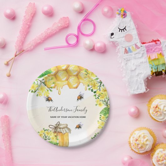 Bumble beien honey yellow florals family monogram papieren bordje (Feest)