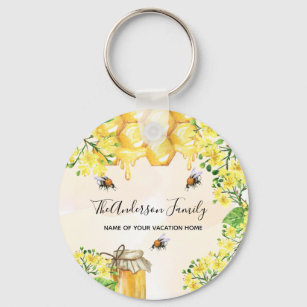 Bumble beien honey yellow florals family monogram sleutelhanger