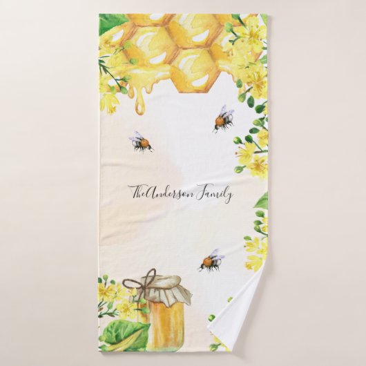 Bumble beien honey yellow florals monogram badhanddoek (Badhanddoek)