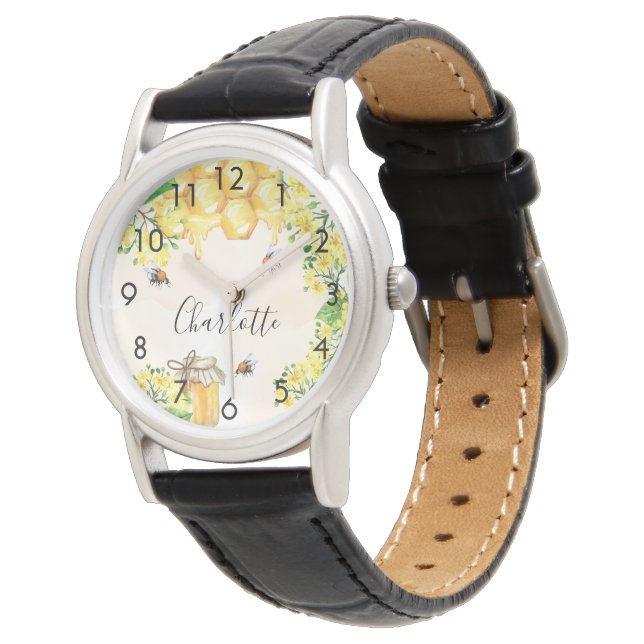 Bumble beien honey yellow florals monogram name horloge (Gekanteld)