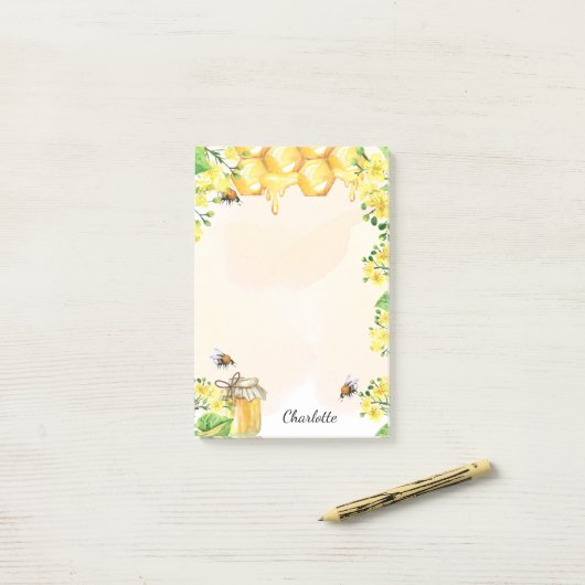 Bumble beien honey yellow florals monogram post-it® notes (Op bureau)