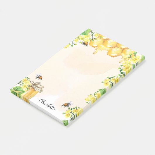 Bumble beien honey yellow florals monogram post-it® notes (Schuin)