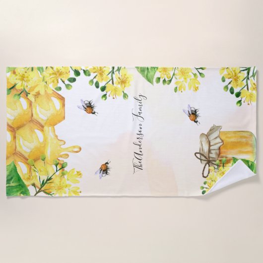 Bumble beien honey yellow florals monogram strandlaken (Voorkant)