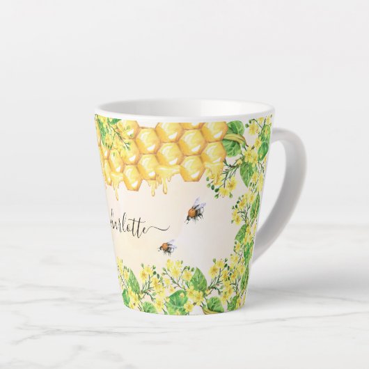 Bumble beien honey yellow florals name script latte mok (Rechterhoek)