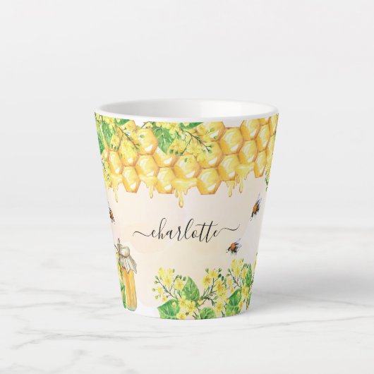 Bumble beien honey yellow florals name script latte mok (Voorkant)