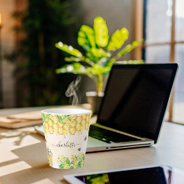 Bumble beien honey yellow florals name script latte mok