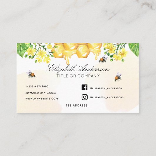 Bumble beien honey yellow florals social media visitekaartje (Achterkant)