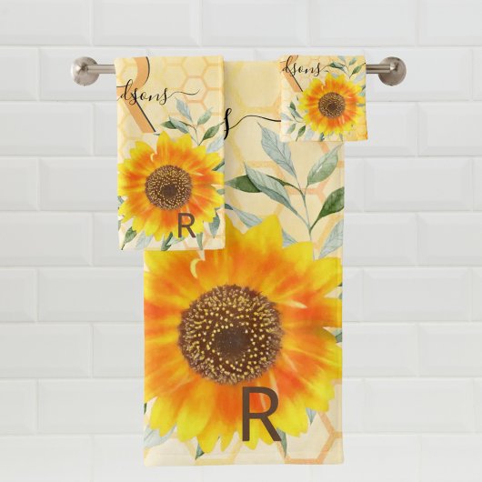 Bumble beien yellow sunflower floral monogram bad handdoek
