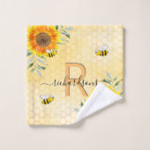 Bumble beien yellow sunflower floral monogram bad handdoek (Wasdoekje)