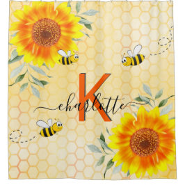 Bumble beien zonnebloemen gele honingraatmonogram douchegordijn