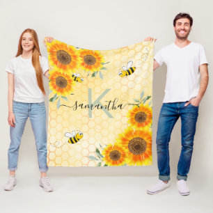 Bumble beien zonnebloemen gele honingraatmonogram fleece deken