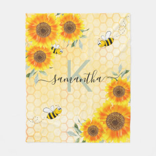 Bumble beien zonnebloemen gele honingraatmonogram fleece deken