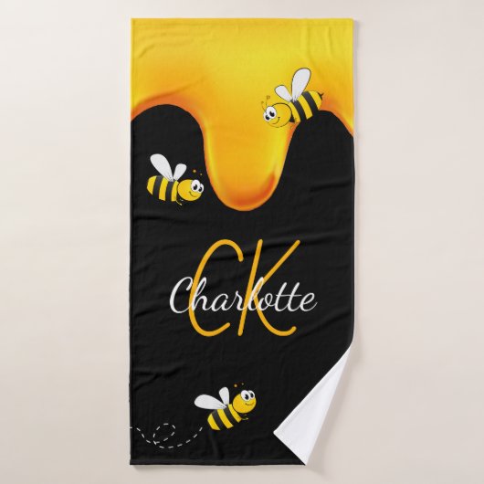 Bumble bijen honing druppelend monogram zwarte gou badhanddoek (Badhanddoek)