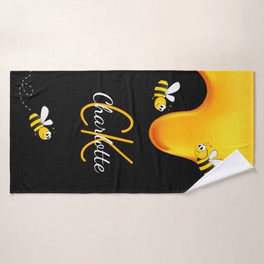 Bumble bijen honing druppelend monogram zwarte gou badhanddoek (Badhanddoek)
