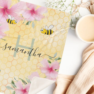 Bumble bijen roze florals gele honingraat monogram sherpa deken