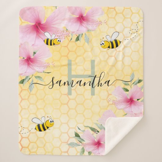 Bumble bijen roze florals gele honingraat monogram sherpa deken (Voorkant)