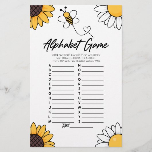 Bumble Honey Bee Alphabet Baby shower spel Briefpapier (Voorkant)