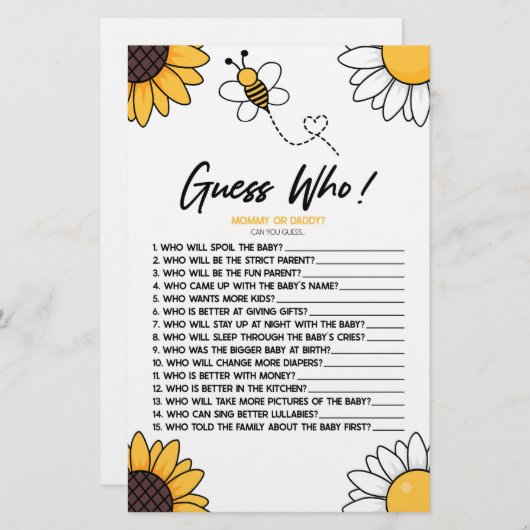 Bumble Honey Bee Raad wie! Baby shower spel Briefpapier (Voorkant / Achterkant)