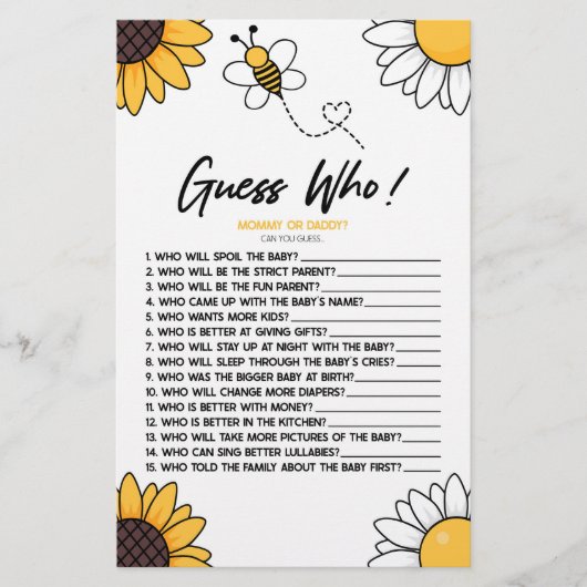 Bumble Honey Bee Raad wie! Baby shower spel Briefpapier (Voorkant)