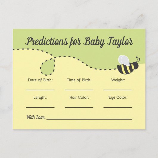 Bumblebee Baby shower Voorspellingen geel en groen Uitnodiging Briefkaart (Voorkant)