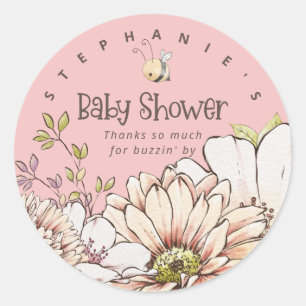 Bumblebee Bloemen Naam Dank u Baby Roze Douche Ronde Sticker
