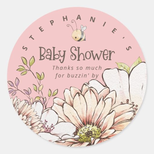 Bumblebee Bloemen Naam Dank u Baby Roze Douche Ronde Sticker (Voorkant)