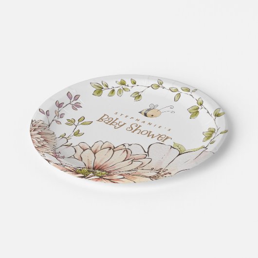 Bumblebee Bloemen Naam Gouden Tekst Baby shower Papieren Bordje (Gekanteld)