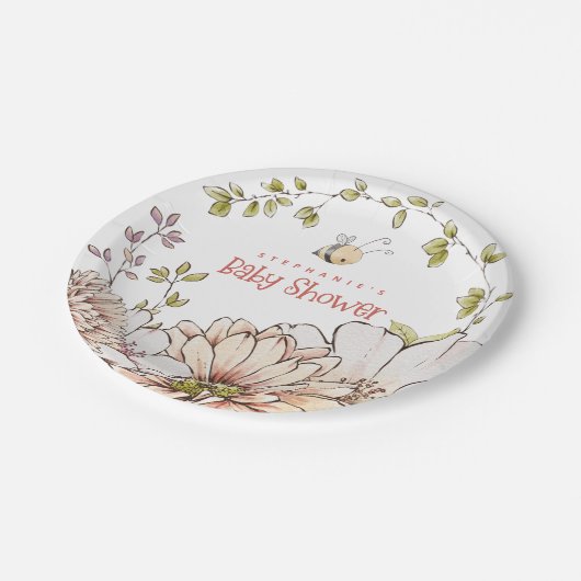 Bumblebee Bloemen Naam Koraal Tekst Baby shower Papieren Bordje (Gekanteld)