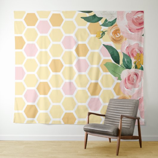 Bumblebee eerste verjaardag roze florale banner wandkleed (In Situ (horizontaal))