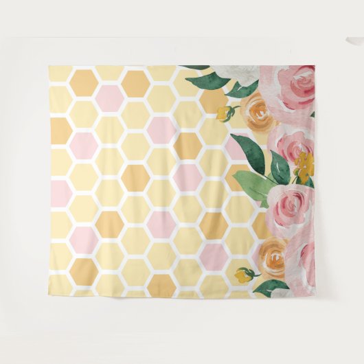 Bumblebee eerste verjaardag roze florale banner wandkleed (Voorkant (horizontaal))