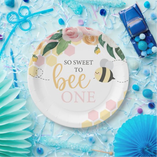 Bumblebee eerste verjaardag van de roze bloem papieren bordje (Feest)