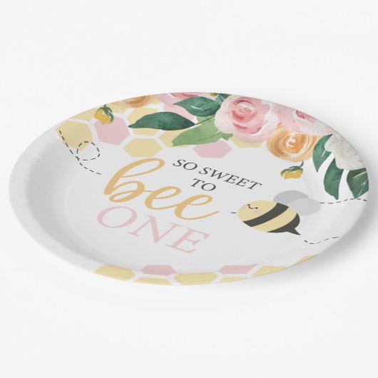 Bumblebee eerste verjaardag van de roze bloem papieren bordje (Gekanteld)