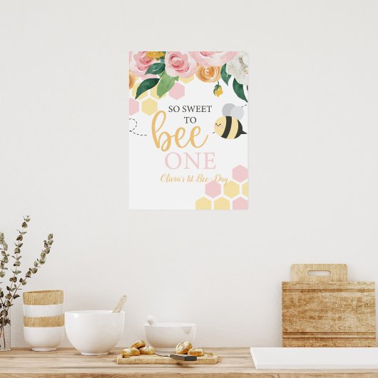 Bumblebee eerste verjaardag van de roze bloem poster (Keuken)