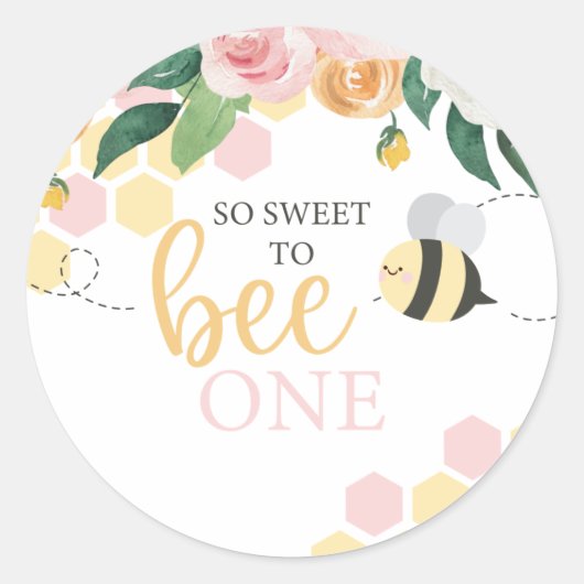 Bumblebee eerste verjaardag van de roze bloem ronde sticker (Voorkant)