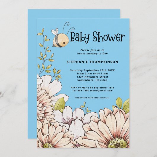 Bumblebee Florals Baby Blue Shower Kaart (Voorkant / Achterkant)