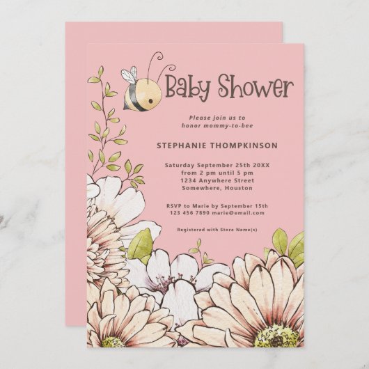 Bumblebee Florals Baby Roze Douche Kaart (Voorkant / Achterkant)