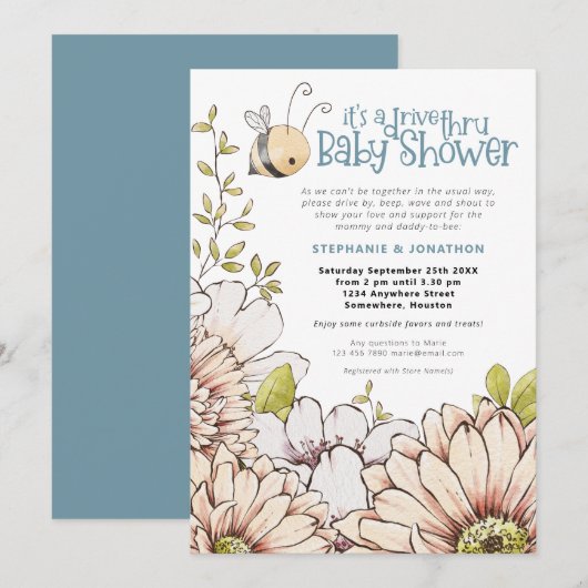 Bumblebee Florals Blauwgroen rijden door Baby show Kaart (Voorkant / Achterkant)