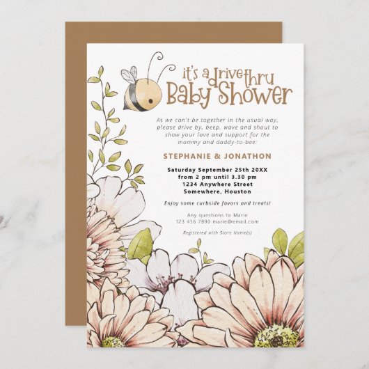 Bumblebee Florals Gold Drive Thru Baby shower Kaart (Voorkant / Achterkant)