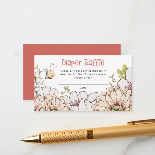 Bumblebee Florals Koraal Baby shower Luier Raffle Informatiekaartje (Voorkant / Achterkant in situ)