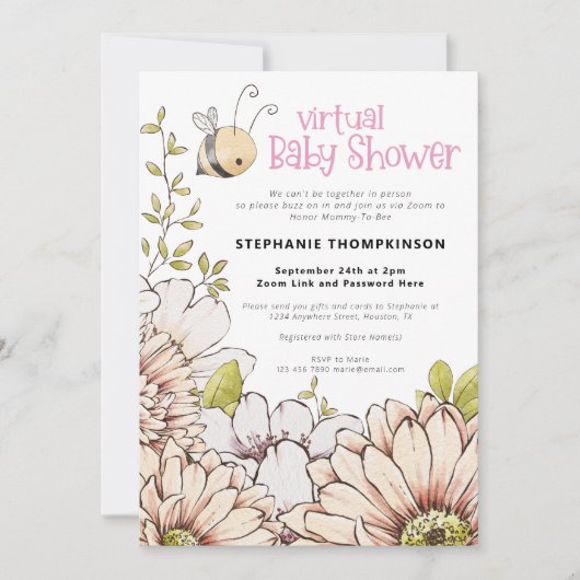 Bumblebee Florals Virtual Pink Baby shower Kaart (Voorkant)