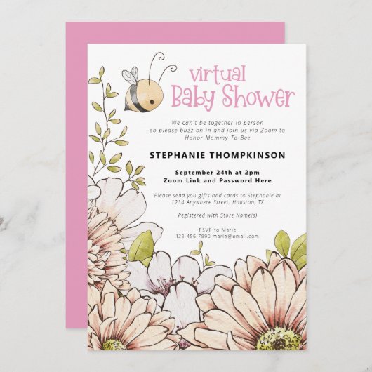 Bumblebee Florals Virtual Pink Baby shower Kaart (Voorkant / Achterkant)