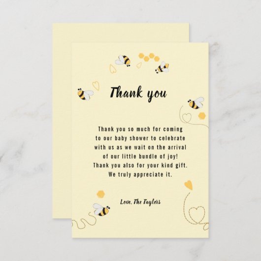 Bumblebee Honey Genderneutraal Baby shower Bedankkaart (Voorkant / Achterkant)