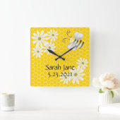 Bumblebee met Honeycomb en Daisies Signature Vierkante Klok (Huis)