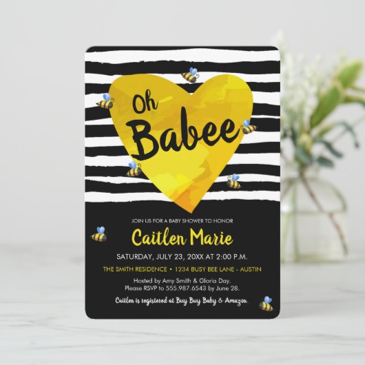Bumblebee Oh Babee Geel Zwart Wit Baby shower Kaart (Staand voorkant)