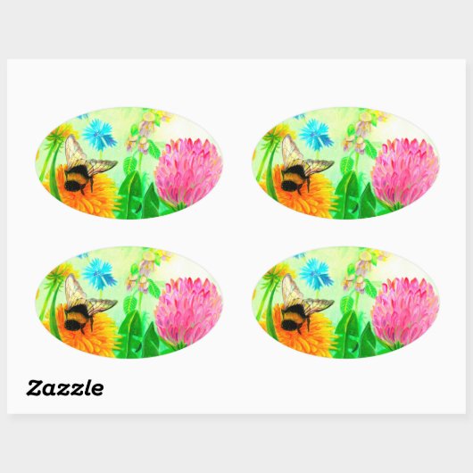 Bumblebee op dandelion ovale sticker (Vel)