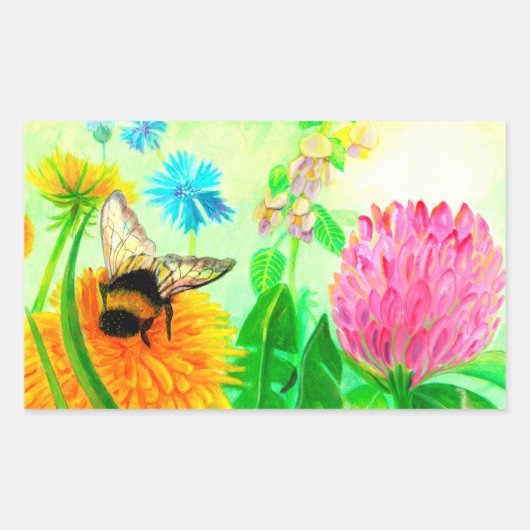 Bumblebee op dandelion rechthoekige sticker (Voorkant)