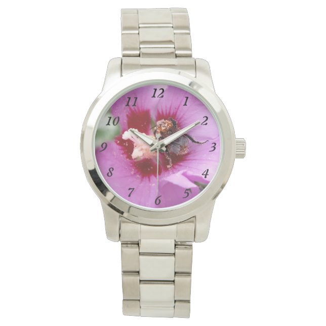 Bumblebee op Hibiscus Flower Horloge (Voorkant)