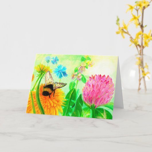 Bumblebee op zondag in dandelion kaart (Gele Bloem)