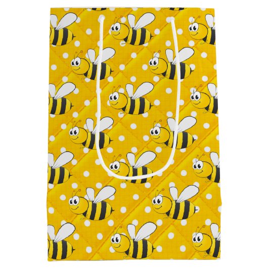Bumblebei op gele en witte pokadots medium cadeauzakje (Achterkant)